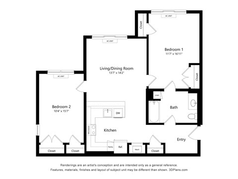 Floor plan for 2 beds, 1 bath, 930 sqft